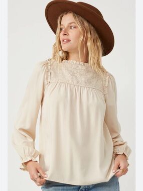 Smocked Long Sleeve Blouse in Cream Sheer Sleeves S M Boho Western Ruffle New